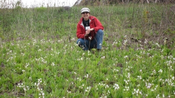 Diane Schwartz posing with shooting stars in bloom. (Photographer unknown)